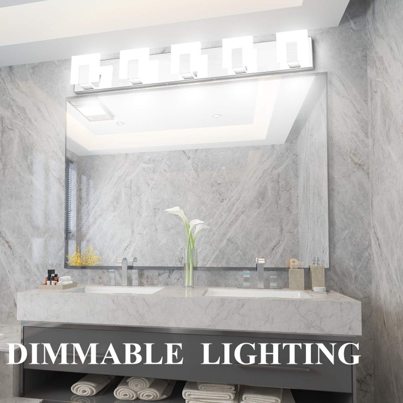 Aipsun Modern 5-Light LED Vanity Light - Dimmable Chrome Bathroom Wall Light Over Mirror (White Light) - Image 4
